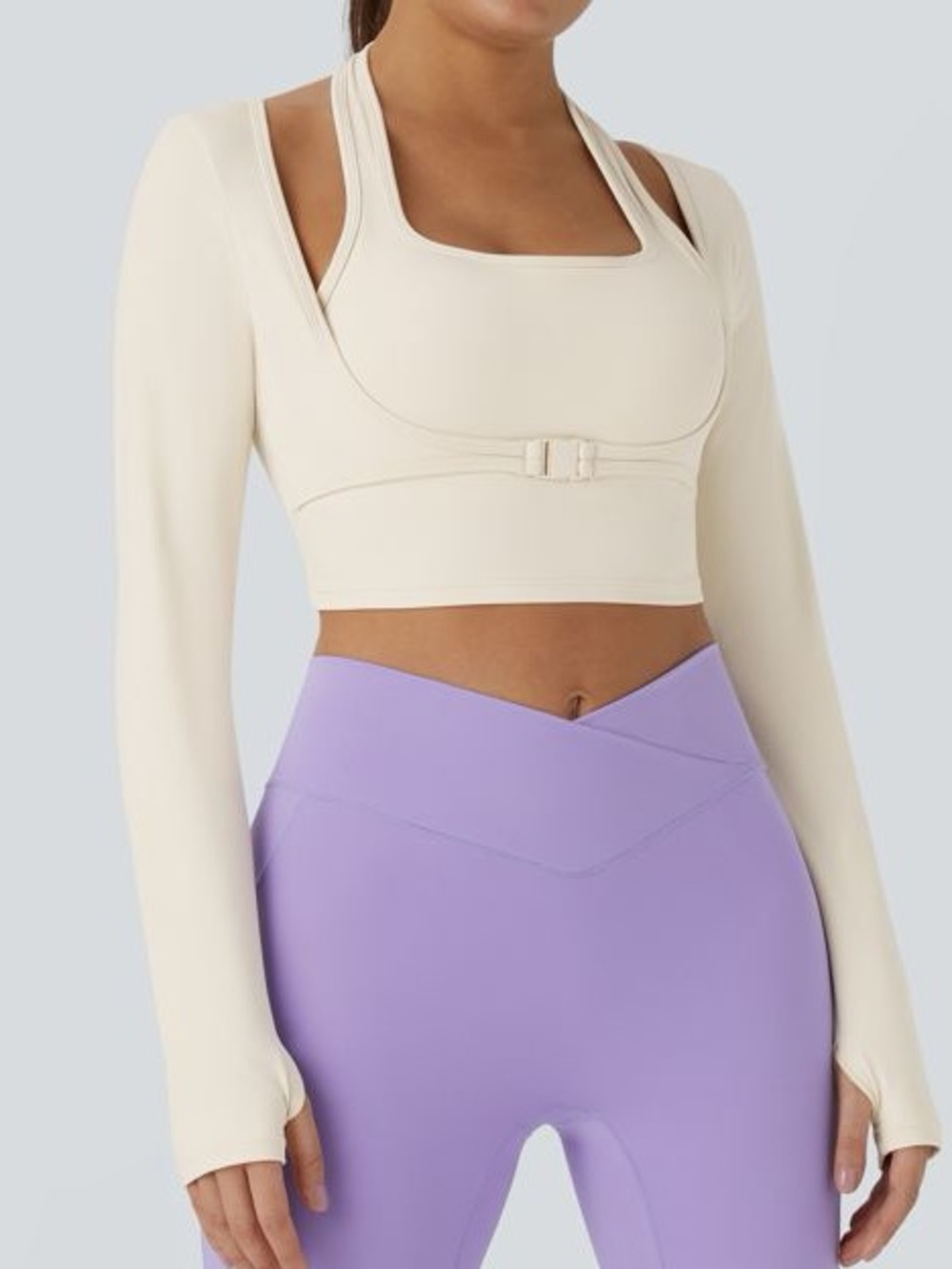Halara Cream Plush Halter Thumb Hole Long Sleeve Cropped 2-in-1 Yoga Sports Top